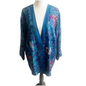 Carole Little Vintage 100% Silk Cardigan Style Sleep Shirt Blue With Patchwork